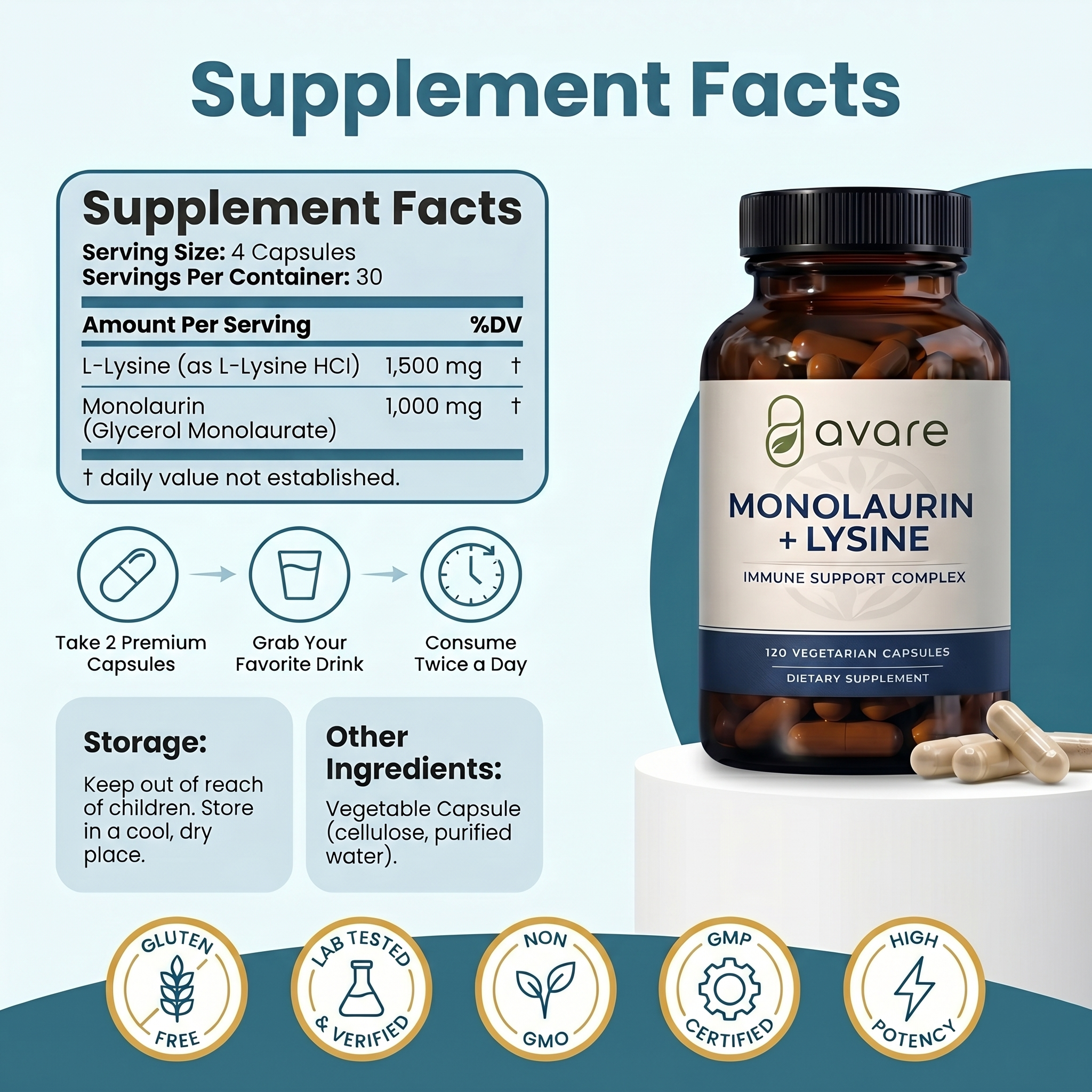 Lysine + Monolaurin Antiviral Capsules